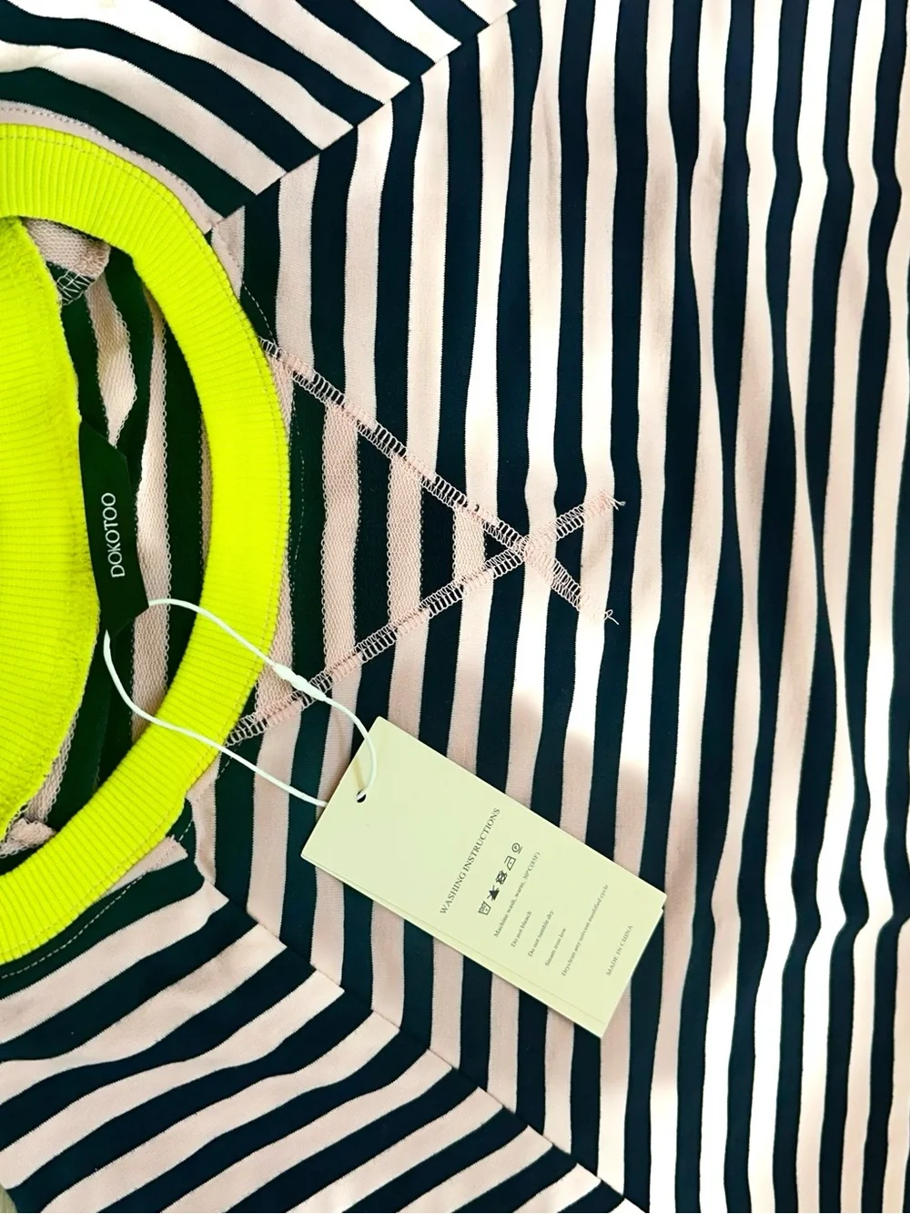 Striped Short-Sleeve Knit Top in Pink and Navy with Neon Trim